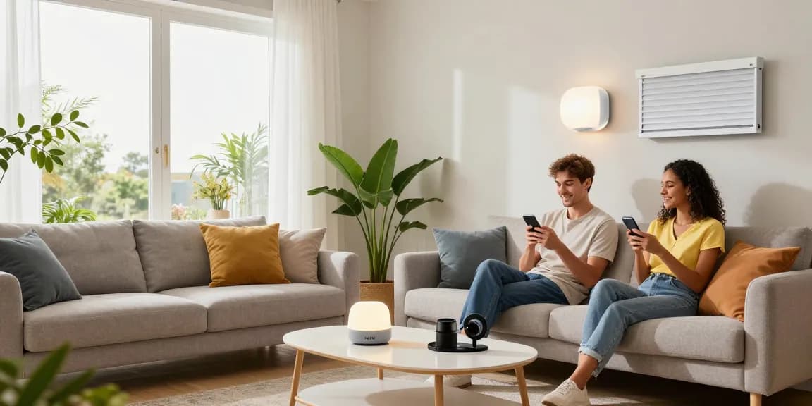 An inviting living room featuring IKEA smart home products, with a couple adjusting smart lights and blinds, highlighting modern technology.