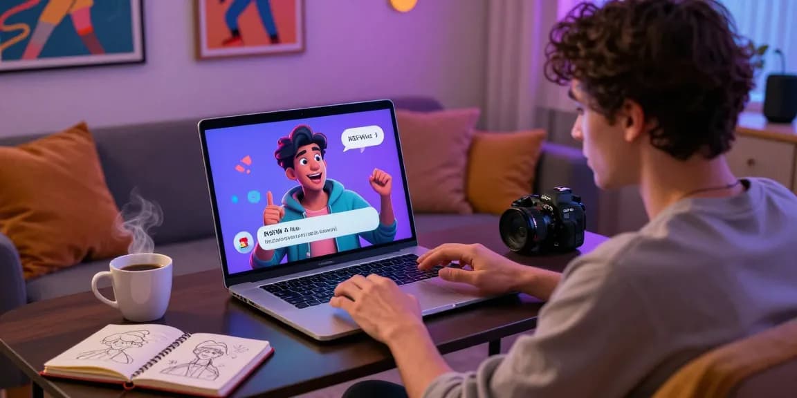 Engaging NSFW AI chat scene with interactive character on a laptop in a cozy room.