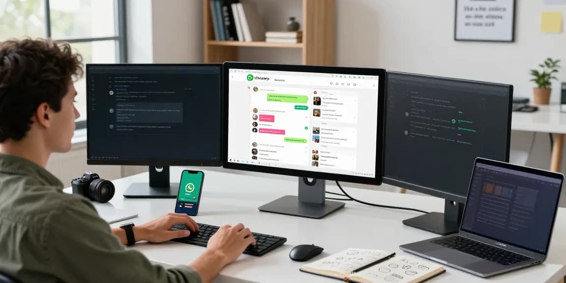 User interacting with WhatsApp網頁版 on desktop, showcasing a vibrant chat interface and modern workspace settings.