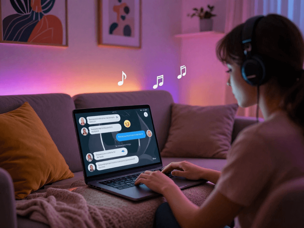 User enjoying an ai porn chat on a laptop in a cozy digital space, capturing an inviting atmosphere and engaging dialogue.
