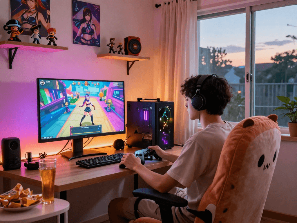 Exciting gaming moment with vibrant hentai games displayed on a large computer monitor in a cozy room.