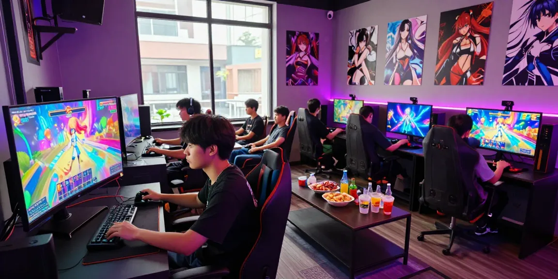 Playing a hentai game in a lively gaming lounge with colorful graphics.