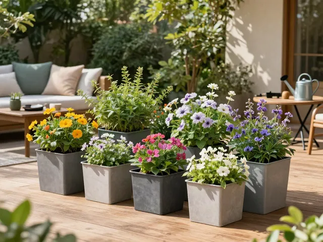 Colorful square outdoor plant pots filled with flowers on a sunny patio.