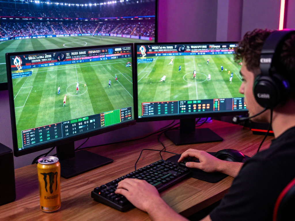 Engaged player using VEGAS4D for live football betting during World Cup 2026.