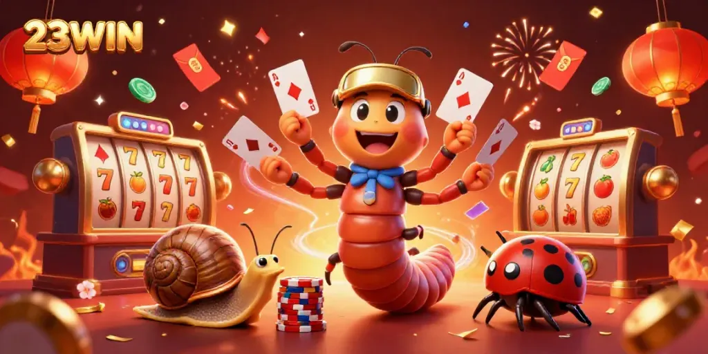 Experience the thrill of 23WIN with a vibrant casino scene featuring a millipede dealer and high-roller snail.