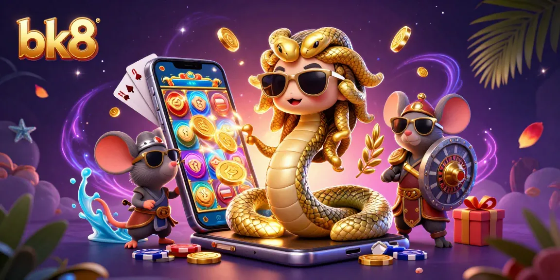 Experience the excitement of bk8 with a lively 3D scene featuring Medusa and a mouse amidst slot games and gold coins.