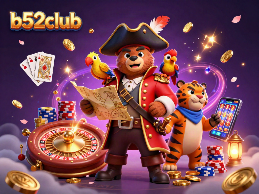 b52club brings excitement with a pirate captain bear and fierce tiger in a vibrant casino scene.
