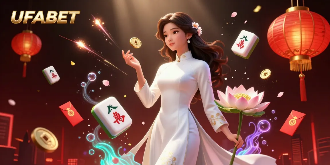 Bet on UFABET with vibrant casino elements and a graceful Asian woman holding lucky symbols in a magical scene.