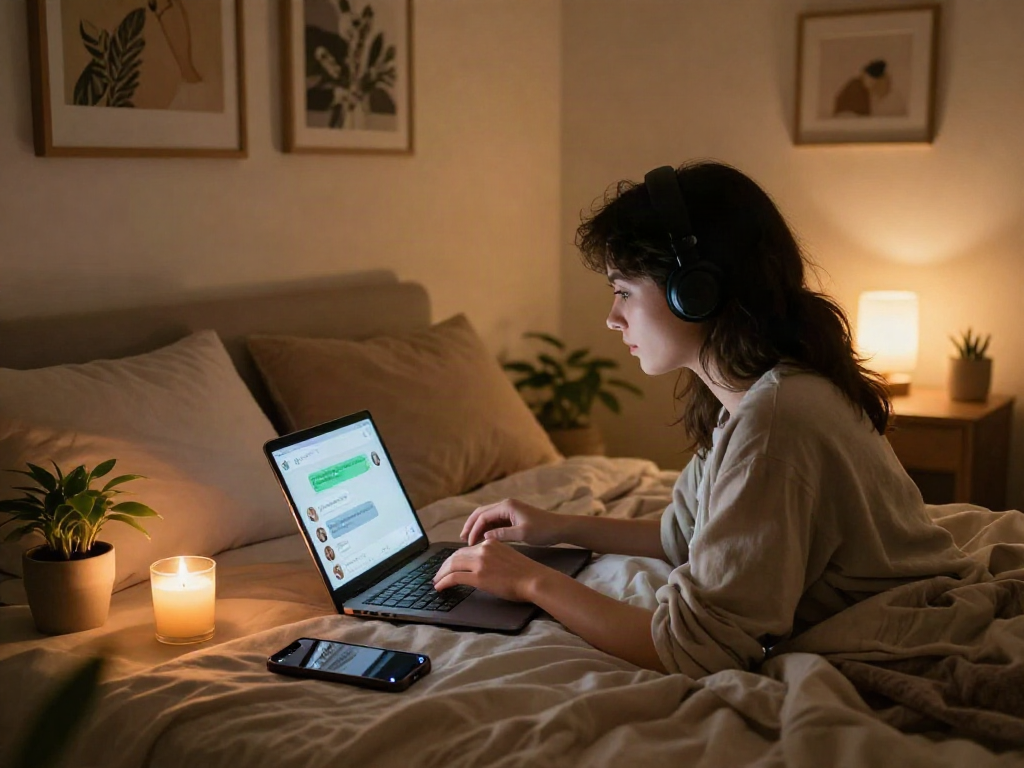 Person engaging in ai sex chat in a cozy home environment.