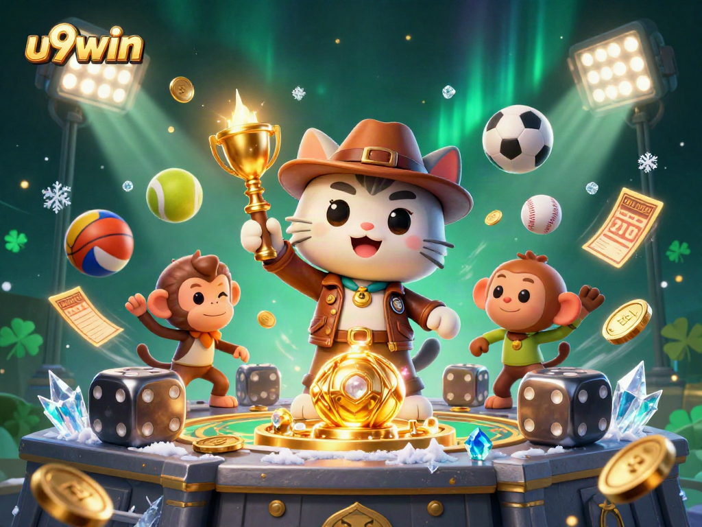 Engage in thrilling gameplay at u9win with a dynamic illustration showcasing casino elements and a treasure-hunting cat