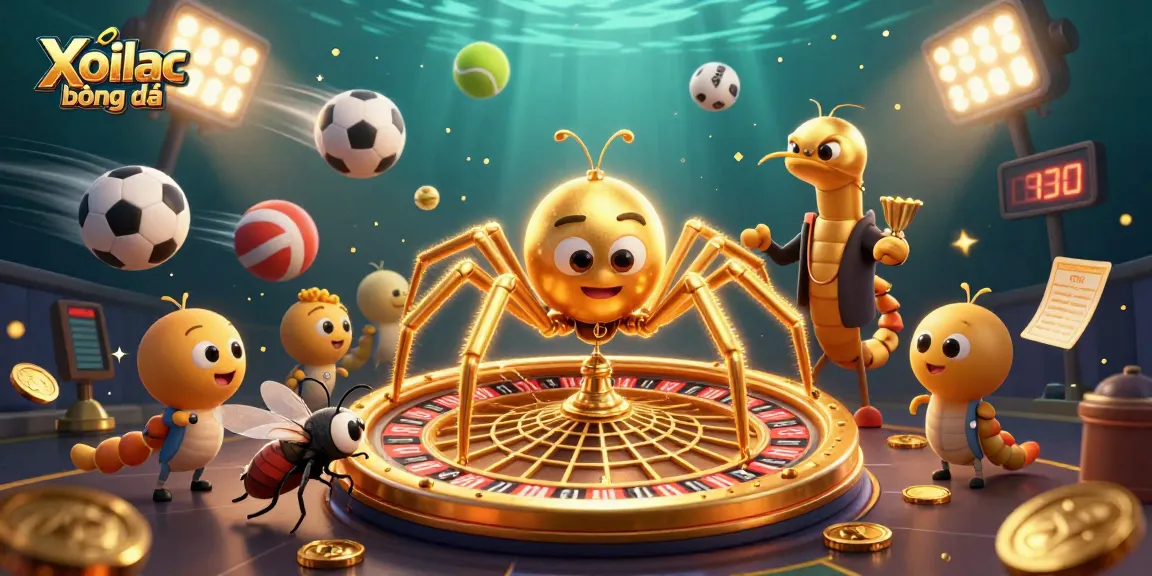 Xoilac bóng đá showcases a golden spider and centipede croupier as they spin a roulette wheel of bets.