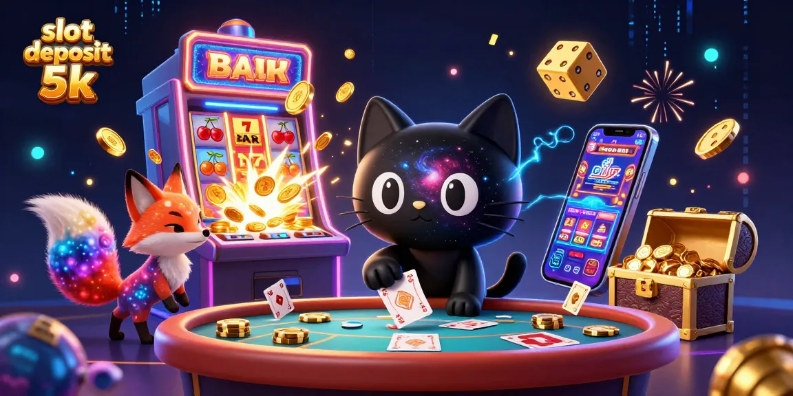 Engage in thrilling action with slot deposit 5k showcasing a cosmic casino scene featuring a black hole cat and nebula fox.