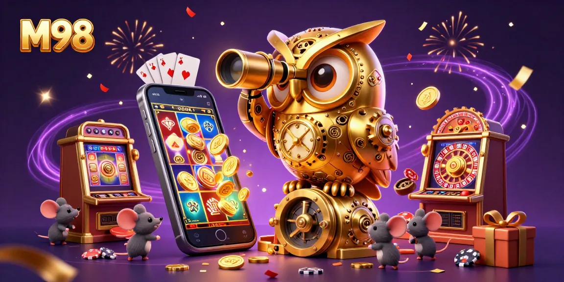 Experience M98 excitement as the clockwork owl surveys a vibrant casino floor filled with games.