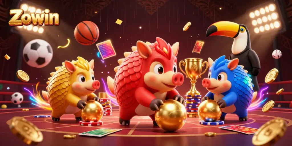 Zowin pangolins compete in a vivid casino scene with poker chips and sports elements.