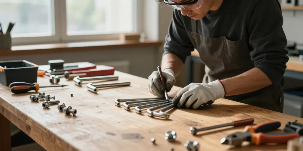 Technician using allen keys on a wooden workbench with tools in a modern workshop.