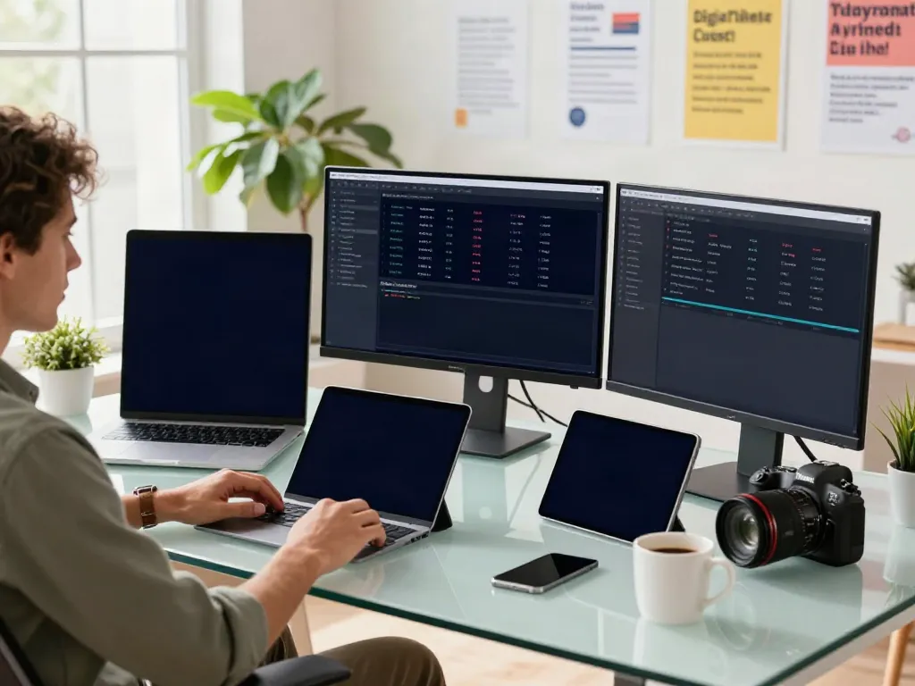 Optimized instant indexing tools shown on multiple computer monitors in a tech workspace