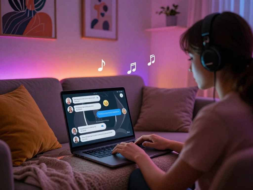 User enjoying an ai porn chat on a laptop in a cozy digital space, capturing an inviting atmosphere and engaging dialogue.