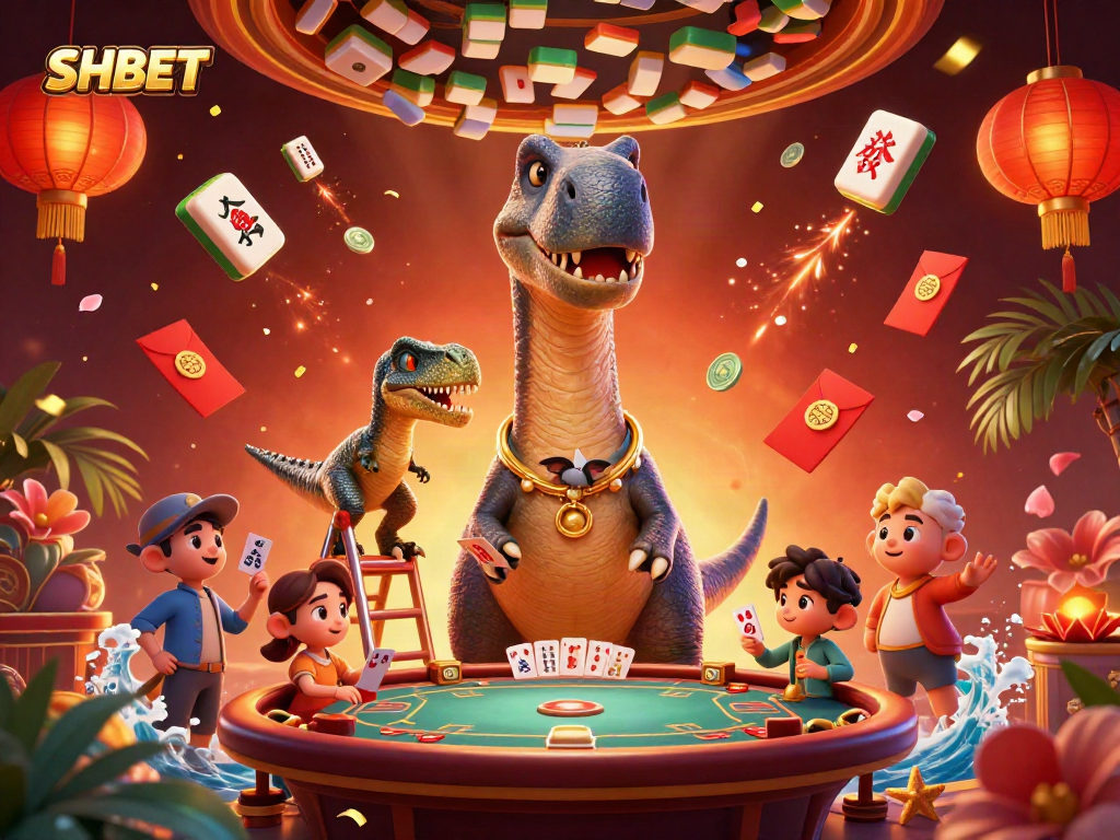 SHBET showcases a vibrant casino scene with a brontosaurus, raptor, and lively game elements in action.