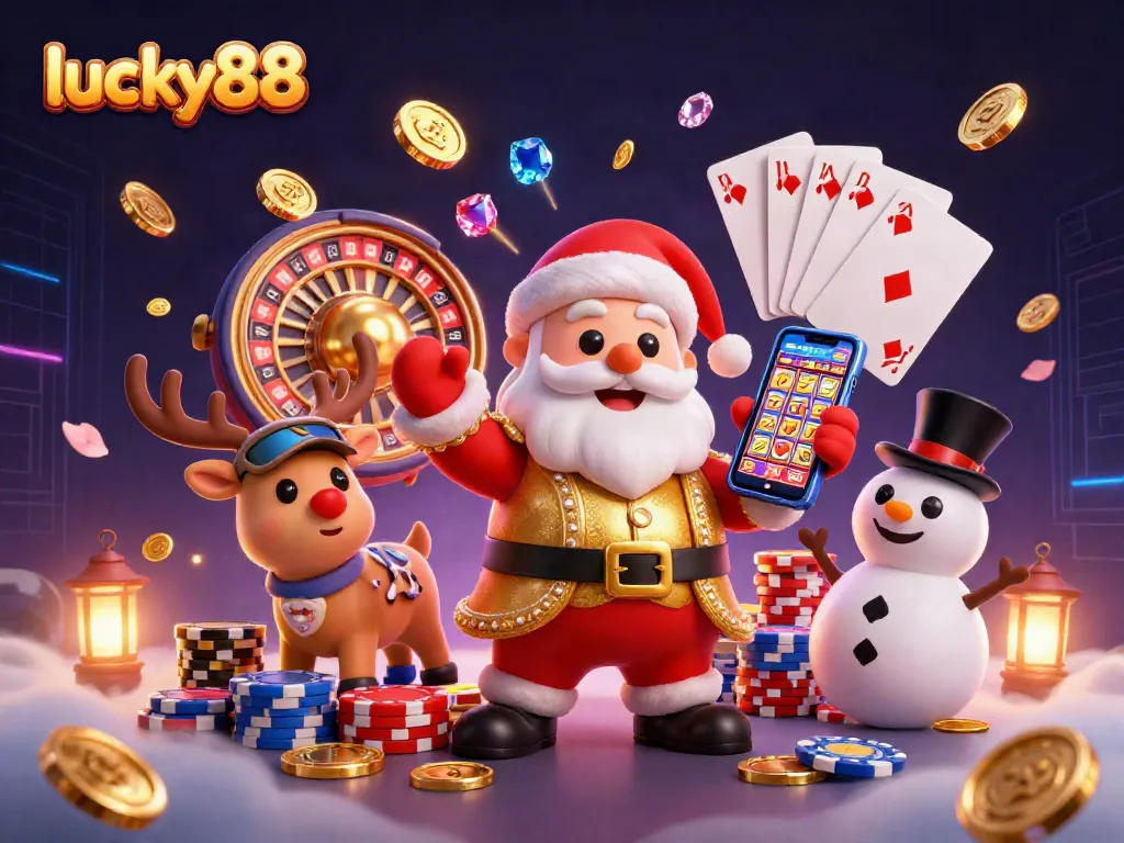 Spin lucky88 jackpots in a festive casino scene with colorful characters and vibrant elements.
