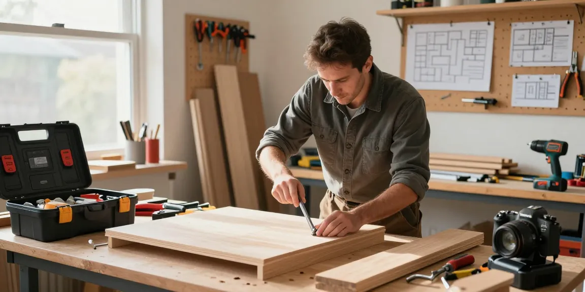 Skilled handyman using allen keys to assemble furniture in a cozy workshop