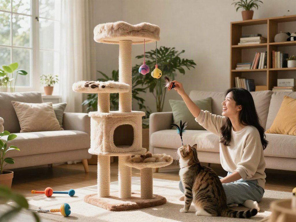 Interactive cat tree enriching playtime for pets in a cozy living room.
