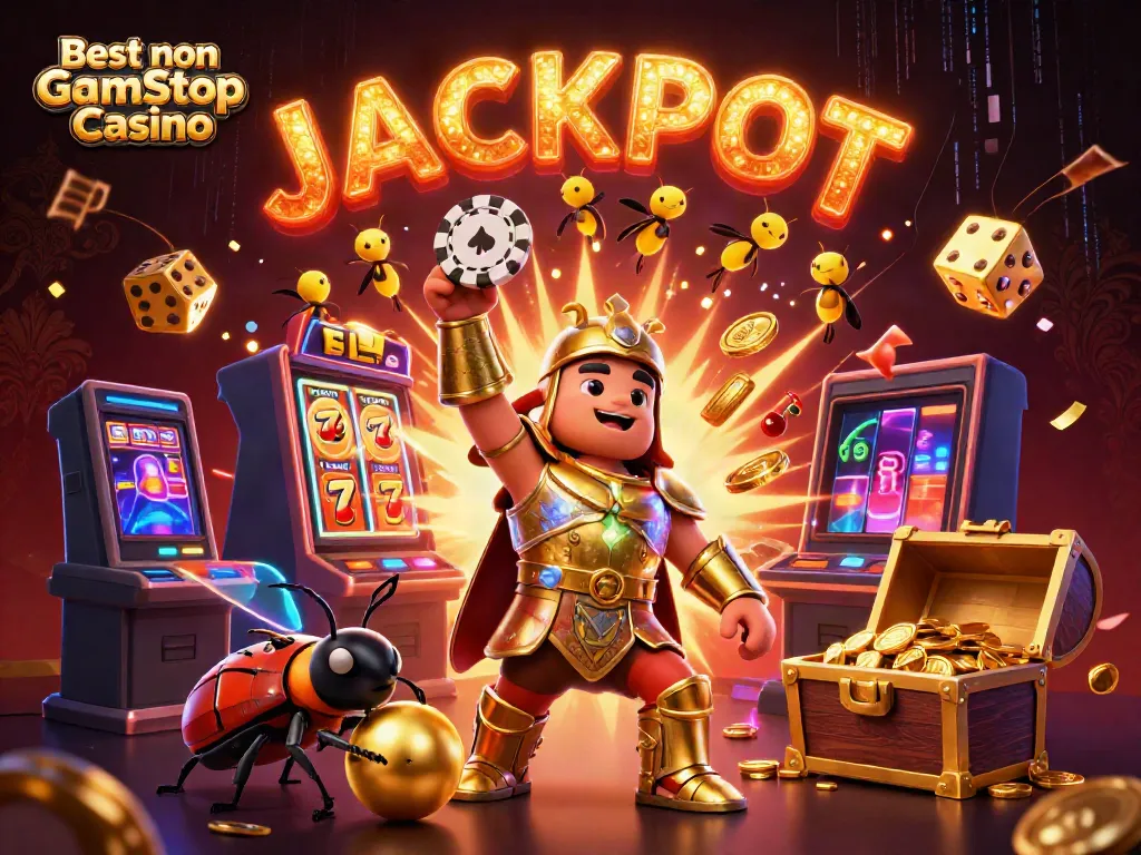 Experience the excitement of the Best non Gamstop Casino with vibrant characters, slots, and glowing elements.