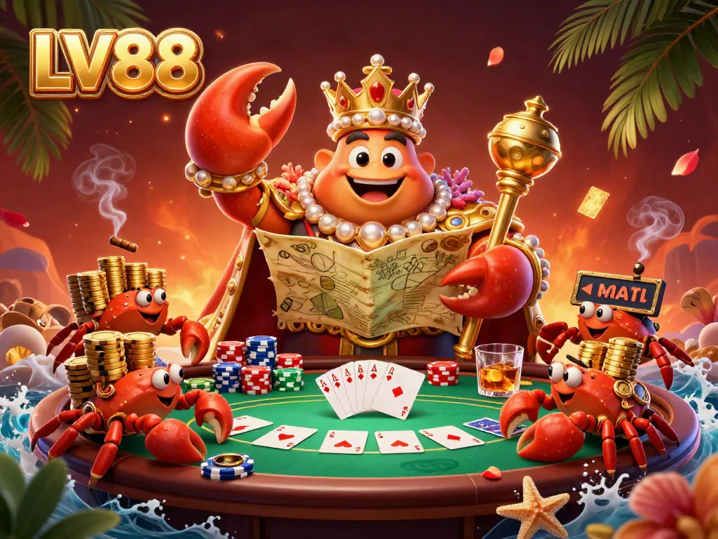 Experience thrilling interactions at LV88 with our captivating crab emperor amidst poker exuberance.