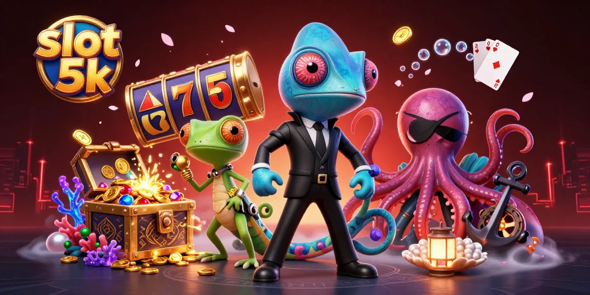 Spin to win at slot 5k with vibrant characters, treasure, and colorful casino elements