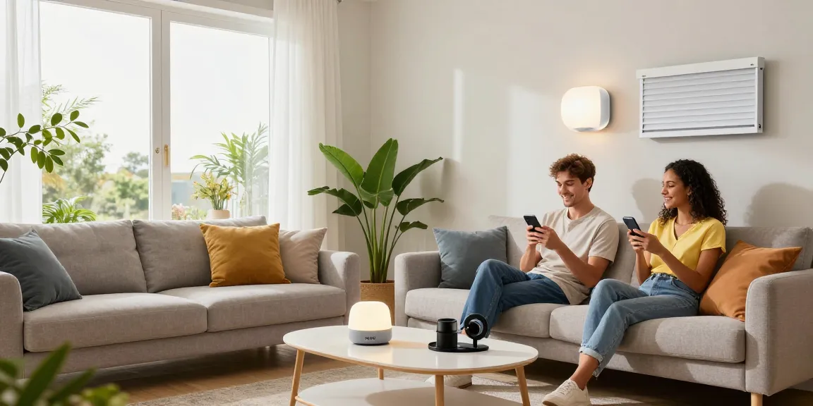 An inviting living room featuring IKEA smart home products, with a couple adjusting smart lights and blinds, highlighting modern technology.