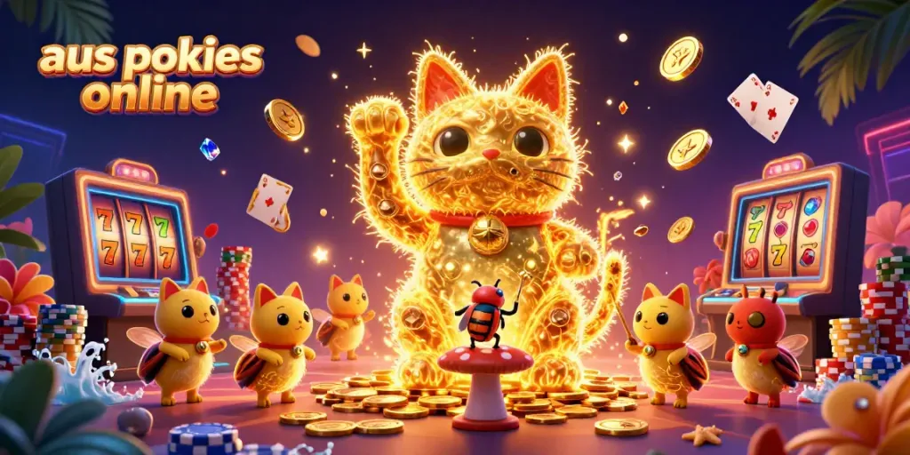 Experience the excitement of aus pokies online with vibrant 3D illustrations of lucky symbols, coins, and dynamic casino elements.