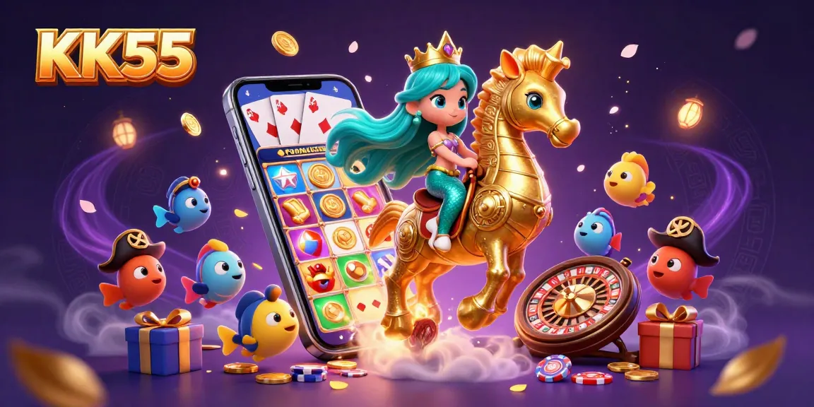 Immerse in KK55’s vivid gambling adventure featuring a mermaid princess and her colorful fish allies.