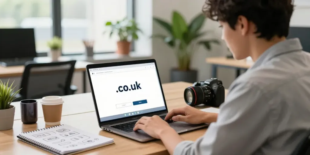 Register .co.uk domain name in a professional office setting focused on domain registration.