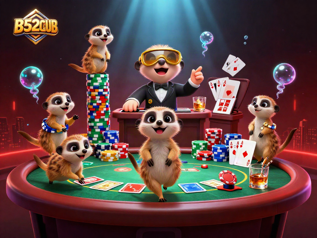 Experience thrilling gaming action at B52CLUB with meerkats in an elaborate casino scene.