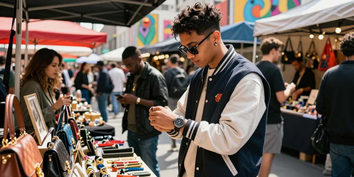 Showcasing luxury clone watches in a vibrant urban marketplace with accessories.