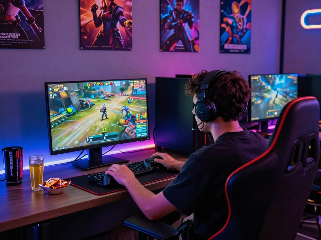 Immersive adult game scene showcasing vibrant gaming setup and character graphics.
