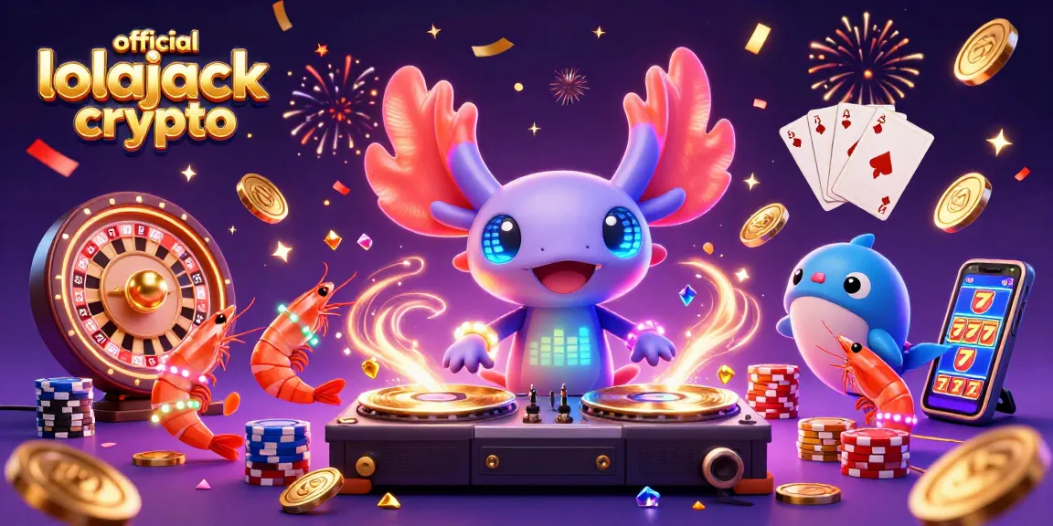 Join the fun at official lolajack crypto as a neon axolotl DJ spins and coins fly in celebration.