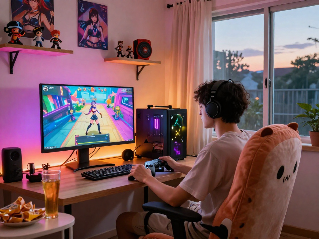 Exciting gaming moment with vibrant hentai games displayed on a large computer monitor in a cozy room.