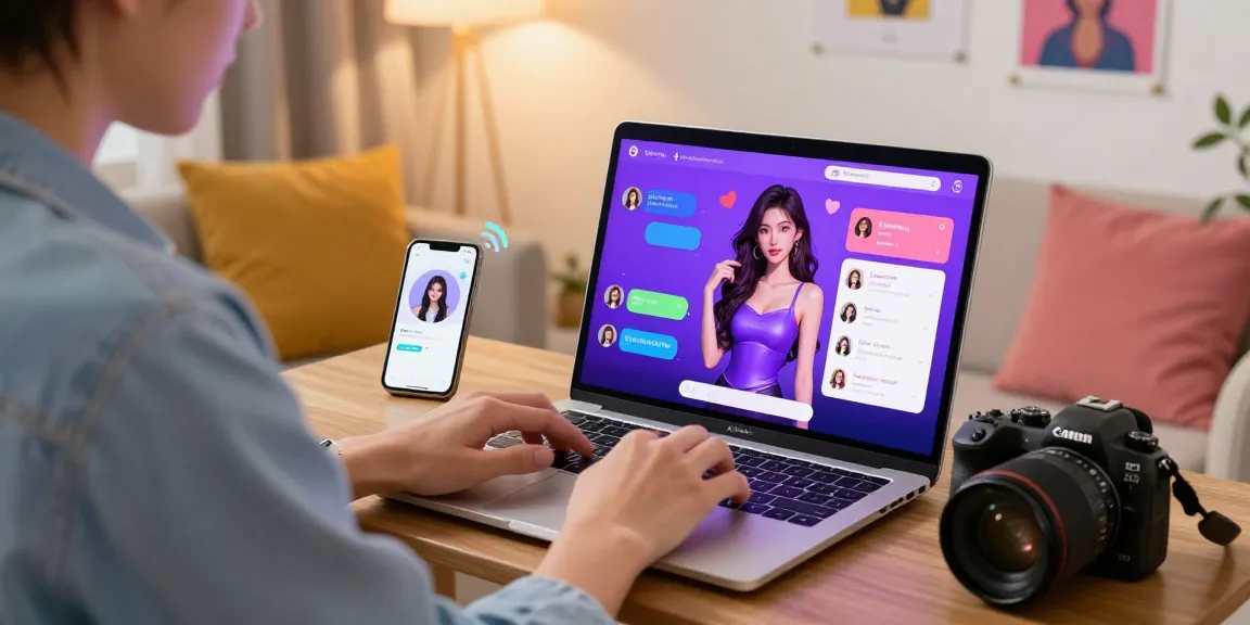Interactive scene featuring a user chatting with ecchi AI character on a laptop in a cozy environment.