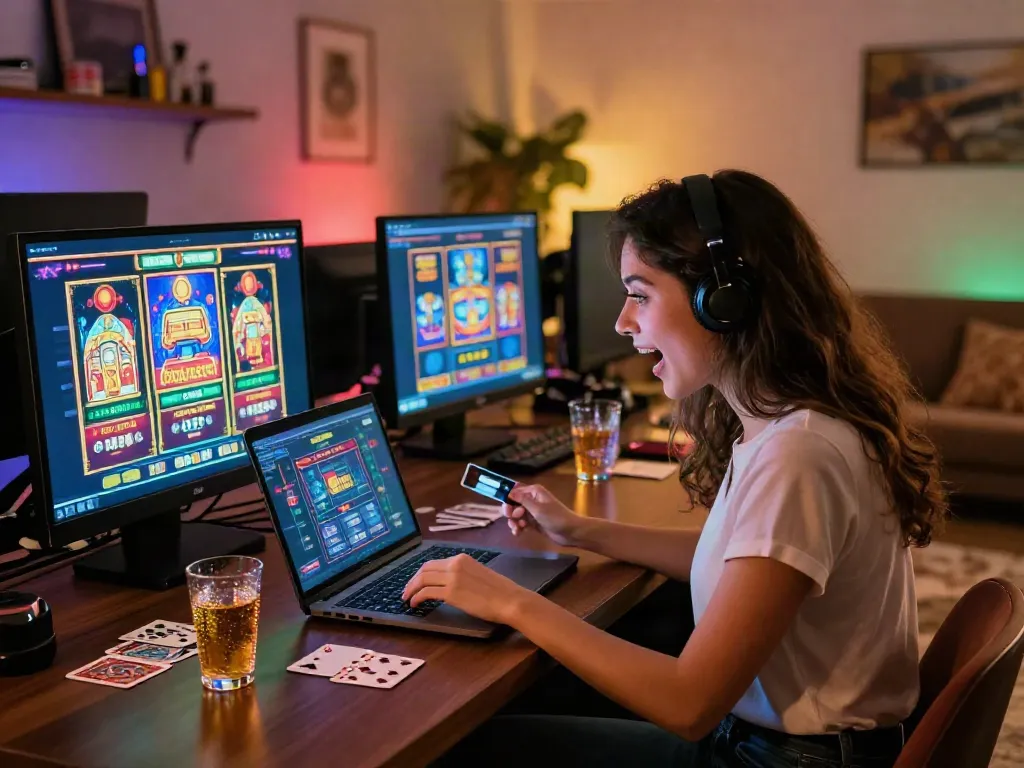 Engaged player exploring online credit card casinos from a vibrant gaming room.