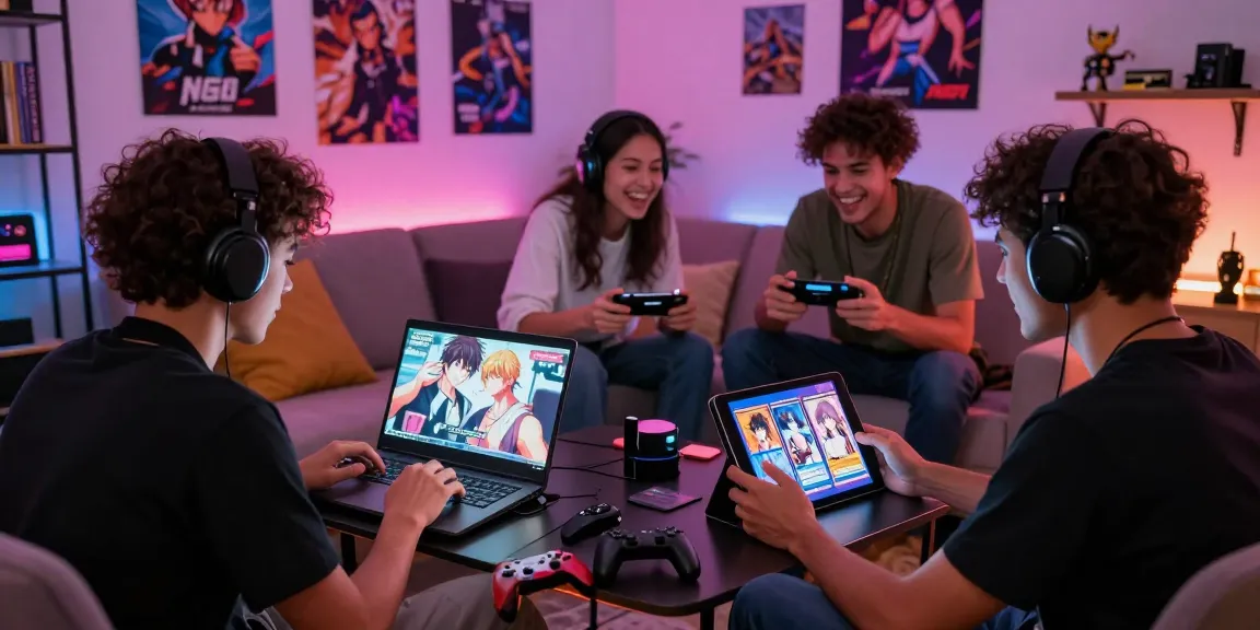 Friends enjoying ecchi games together on various devices in a cozy gaming environment.