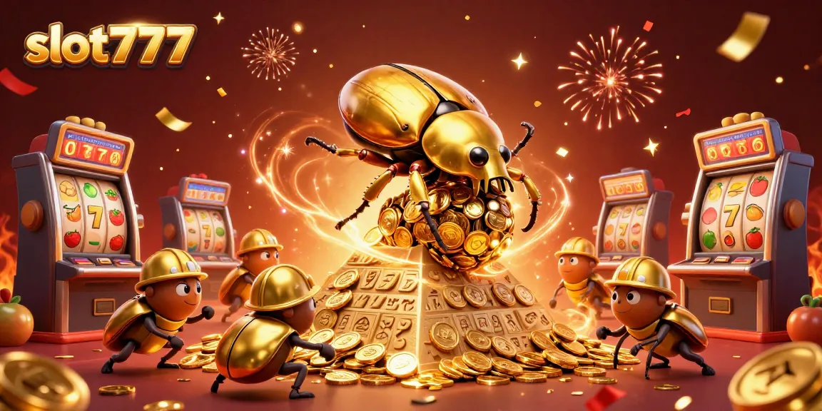 Experience the excitement of slot777 with golden coins, vibrant jackpot, and cheerful beetles!
