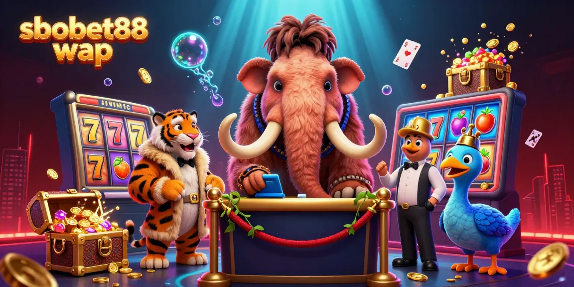 Win big with sbobet88 wap in this vibrant 3D illustration of a casino bouncer, VIP guest, and doorman.