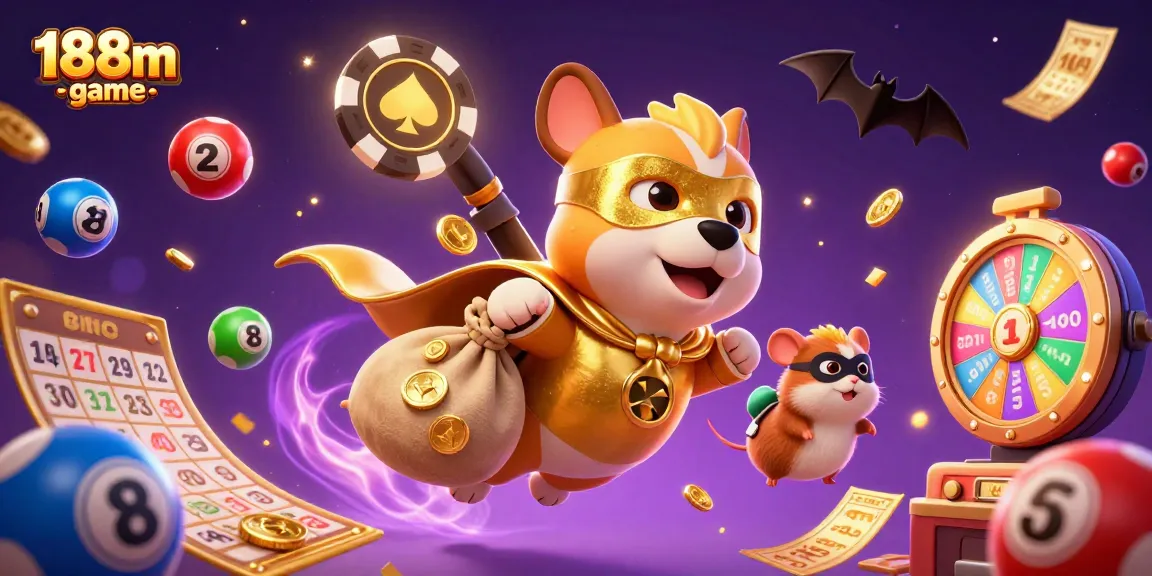 Engaging scene of 188m-game showcasing a superhero dog and hamster amid colorful casino elements bringing entertainment joy.