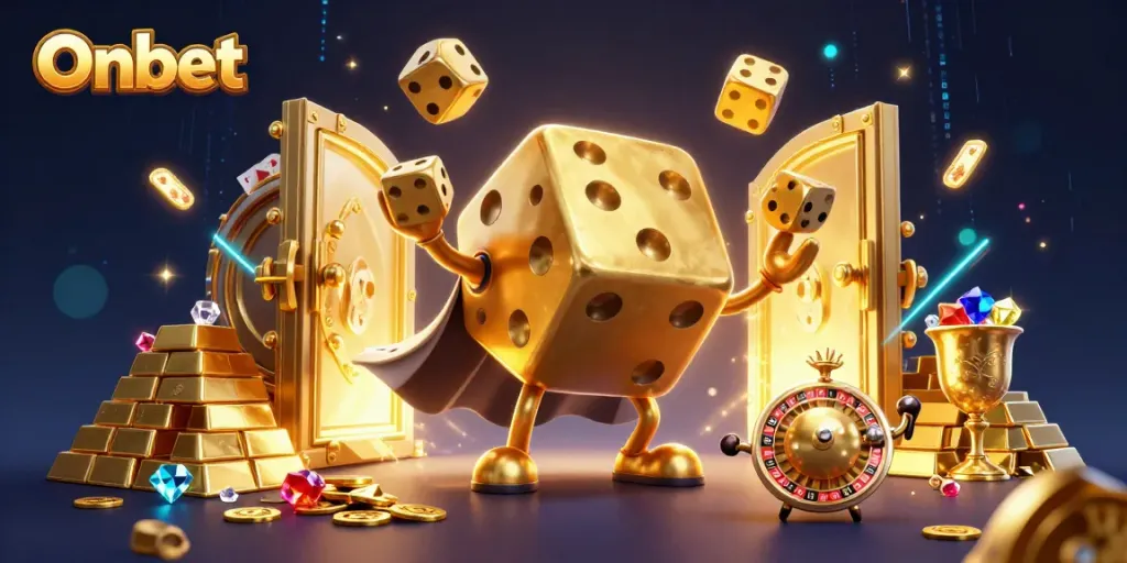 Experience exciting gameplay with Onbet's golden dice golem and treasure-filled casino scene.