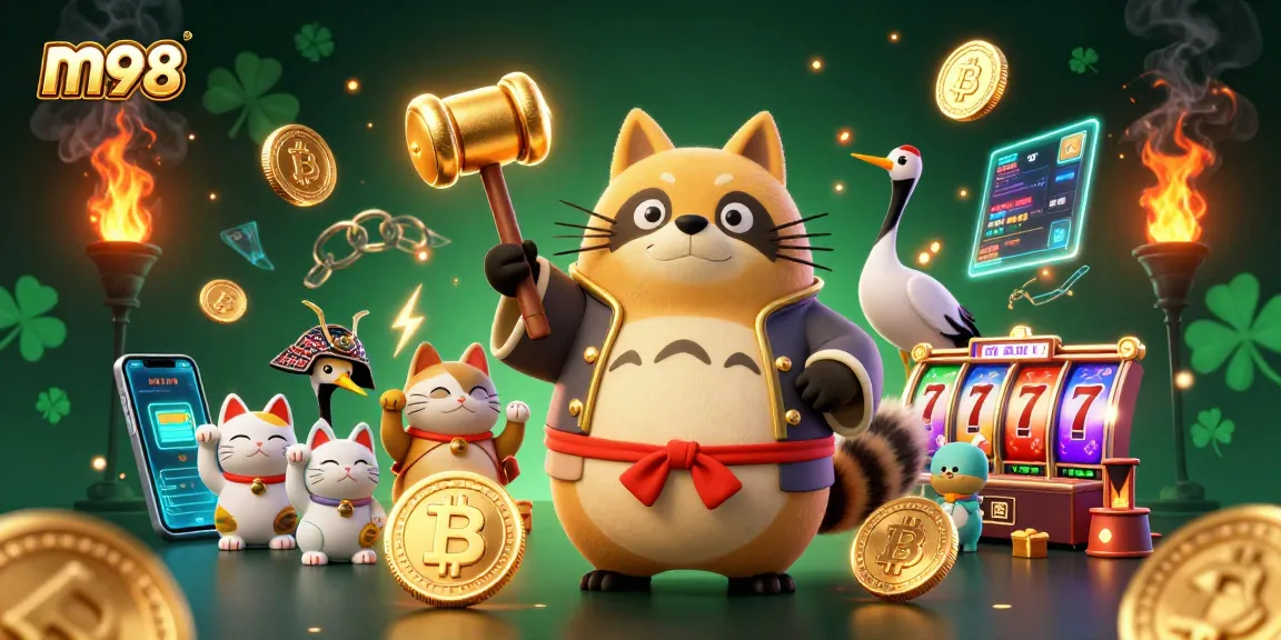 Engage with m98 slot games, featuring cheerful tanuki and maneki-neko in vibrant 3D casino scene.